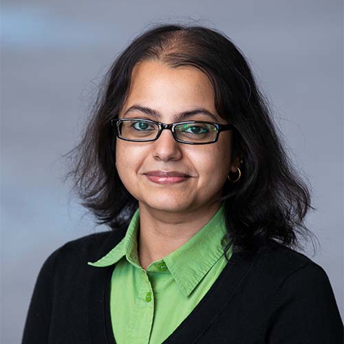 A headshot of CS associate professor Shvetha Soundararajan wearing a green collared shirt and black sweater.